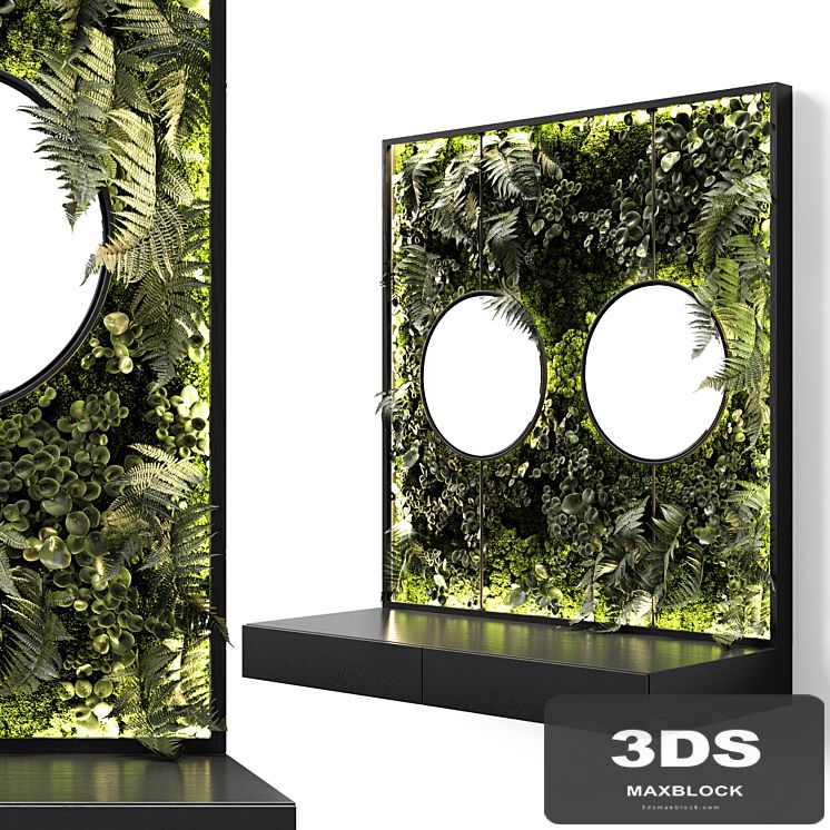 Console with mirrors and vertical garden