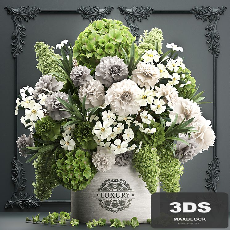 A beautiful lush modern bouquet of white green flowers in a luxury vase with a molded frame, hydrangea, lilac, peonies, oleander. Set 90.