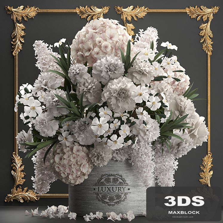 A beautiful lush modern bouquet of white flowers in a luxury vase with a molded frame, hydrangea, lilac, peonies, oleander, gold. Set 91.