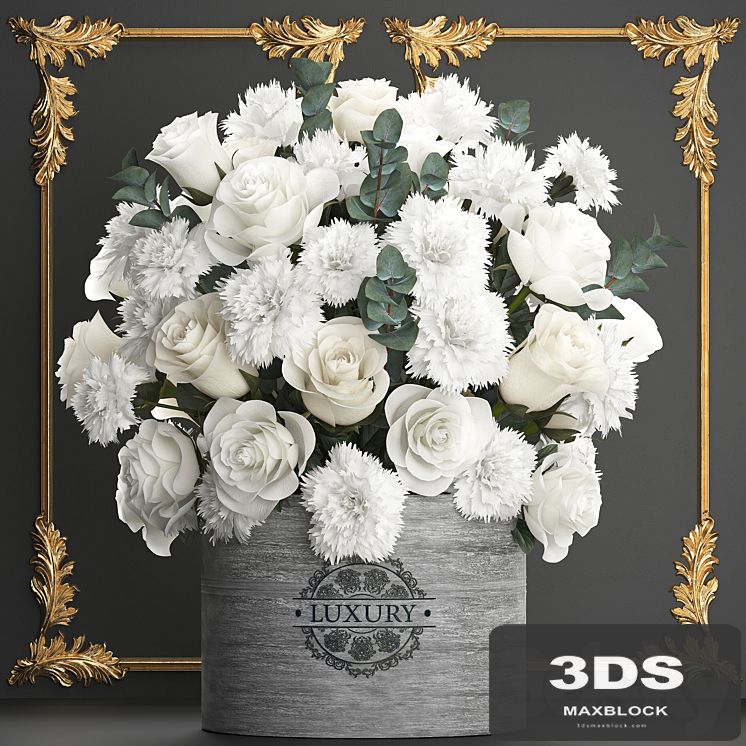 A beautiful lush modern bouquet of white flowers in a luxury vase with a molded frame, carnation, roses, eucalyptus branch. Set 92.