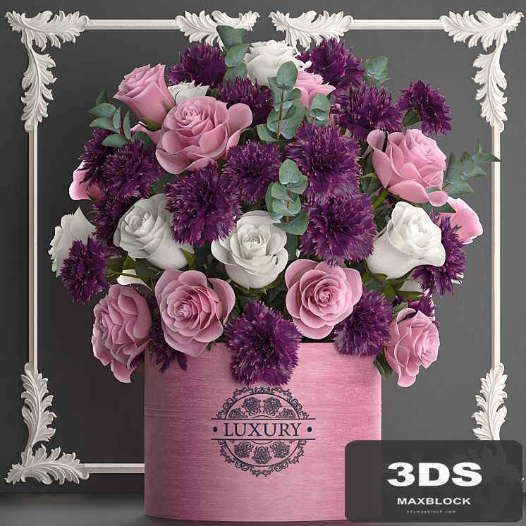 A beautiful lush modern bouquet of pink flowers in a luxury vase with a molded frame, carnation, roses, eucalyptus branch. Set 93.