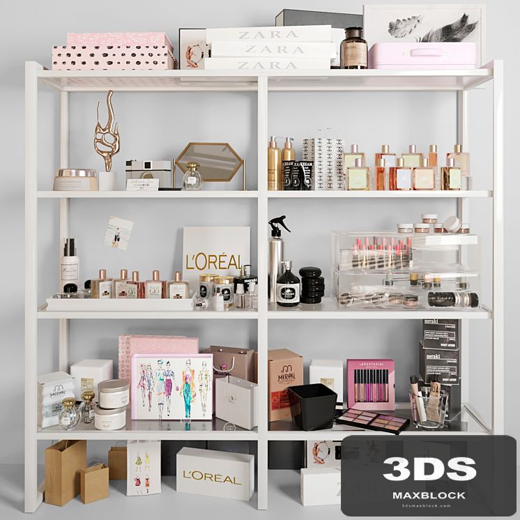 White rack with cosmetics in a beauty salon. Make up