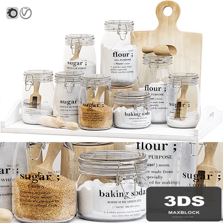 Set of glass jars for the kitchen with sugar and flour