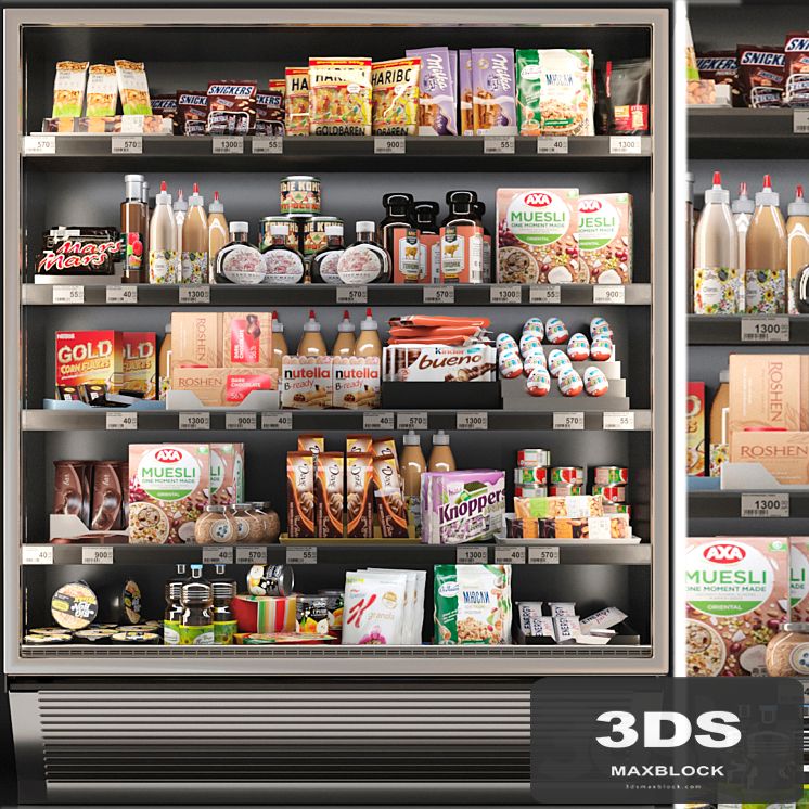 Showcase in a supermarket with sweets, cereals and snacks 3