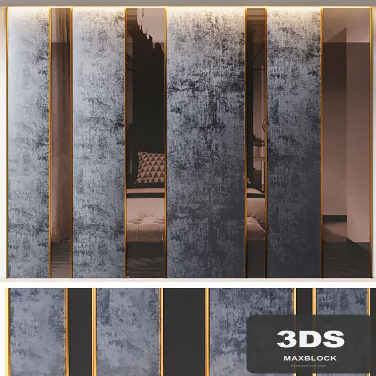 Decorative Wall Panel Blue Corduroy, Brass and Glass