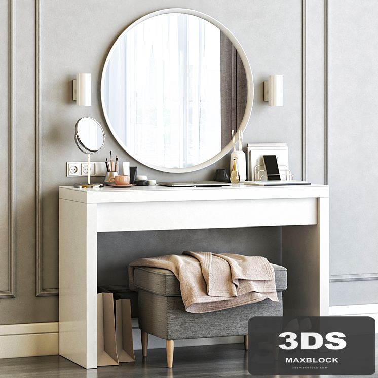 Ikea Malm Dressing Table with Langesund Round Mirror and Strandmon Gray Ottoman