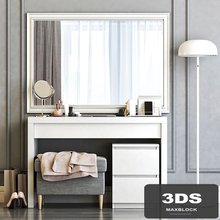 IKEA MALM Dressing Table with SONGE wall mirror and Strandmon Gray Ottoman