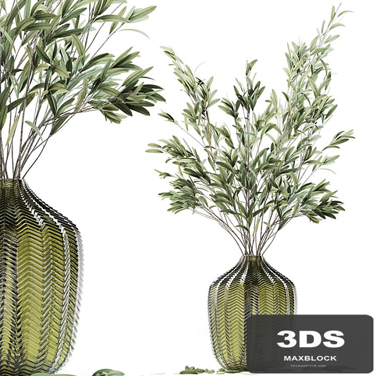 Olive stems in green glass vase
