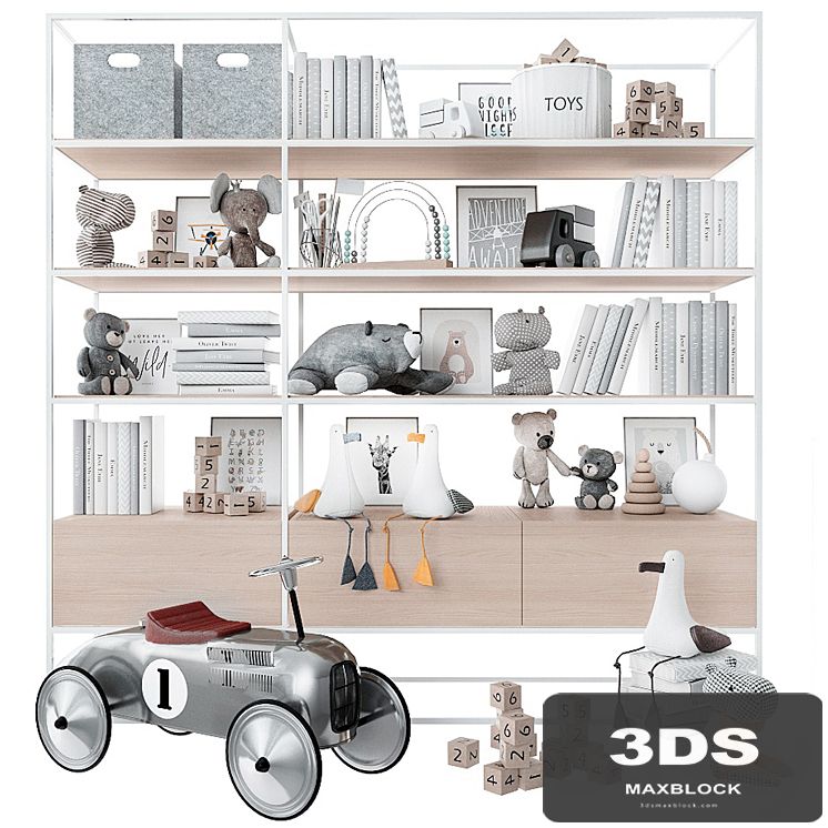 Bookcase with toys and books.