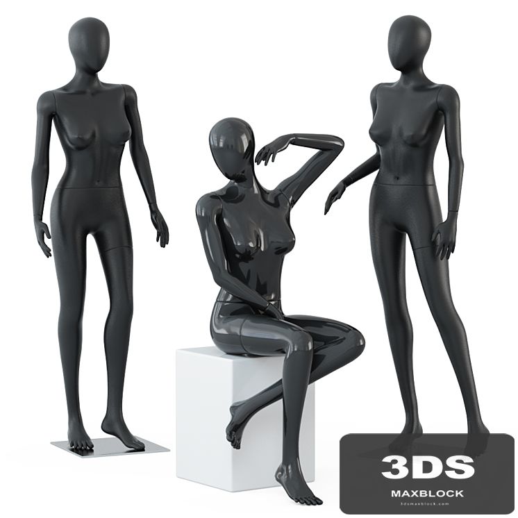 Two female mannequins stand and one sits on a white square stool 58