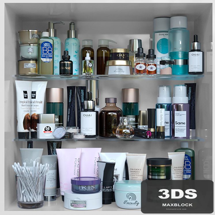 Shelf with cosmetics in a beauty salon or store