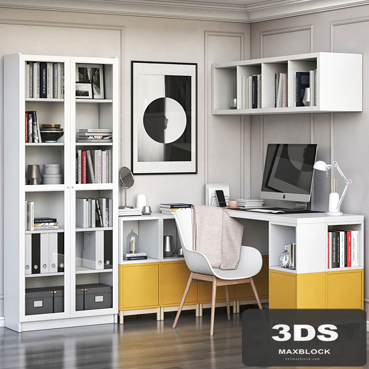 IKEA corner workplace with EKET storages and BILLY OXBERG bookcase
