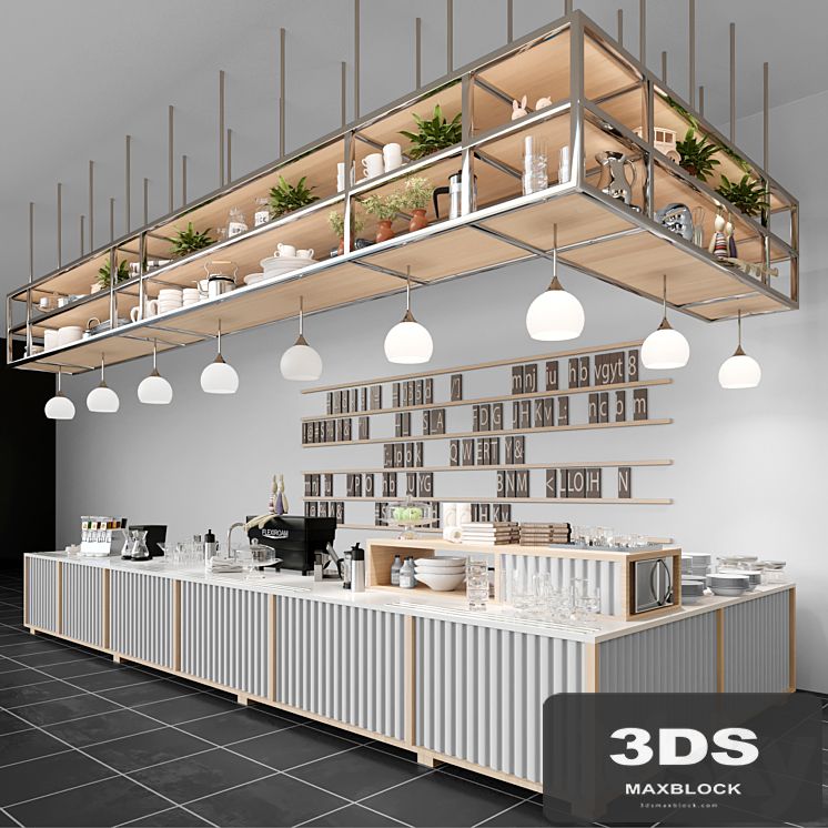 Design project of a coffee house in loft style with a coffee machine and dishes. Cafe