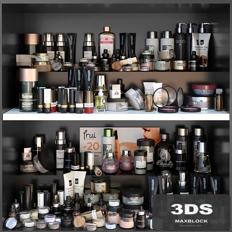 Shelf with a set of cosmetics for beauty salons, shops or dutifree. Make up