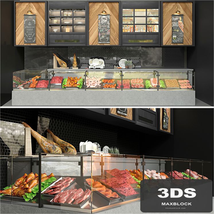 Showcase in a supermarket with semi-finished products and meat. Food