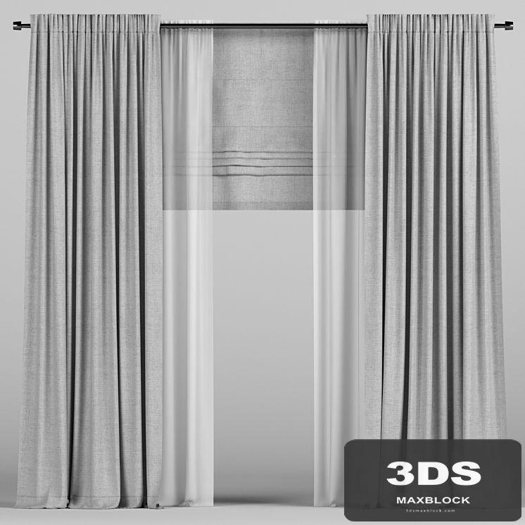 Gray curtains with tulle and a roman curtain.