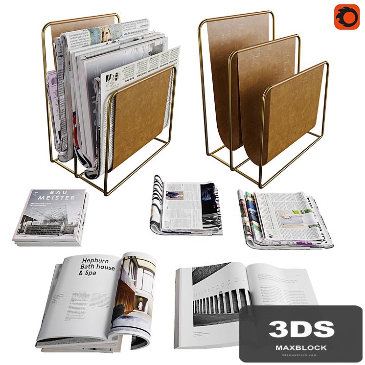 Newspaper box and set of magazines and newspapers