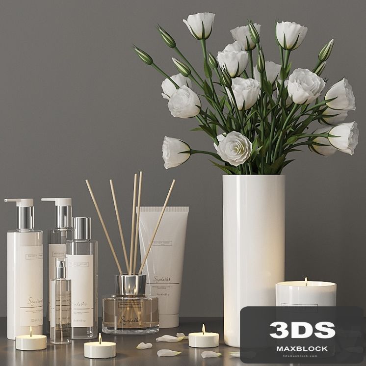 Decorative set with a bouquet of lisianthus and cosmetics
