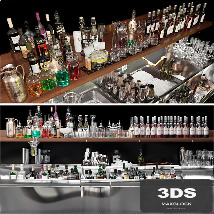 Bar counter with elite alcohol and cocktails. The pub