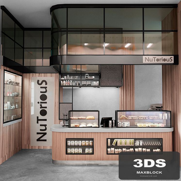 Design project of a cafe with a showcase of desserts and sweets. panel