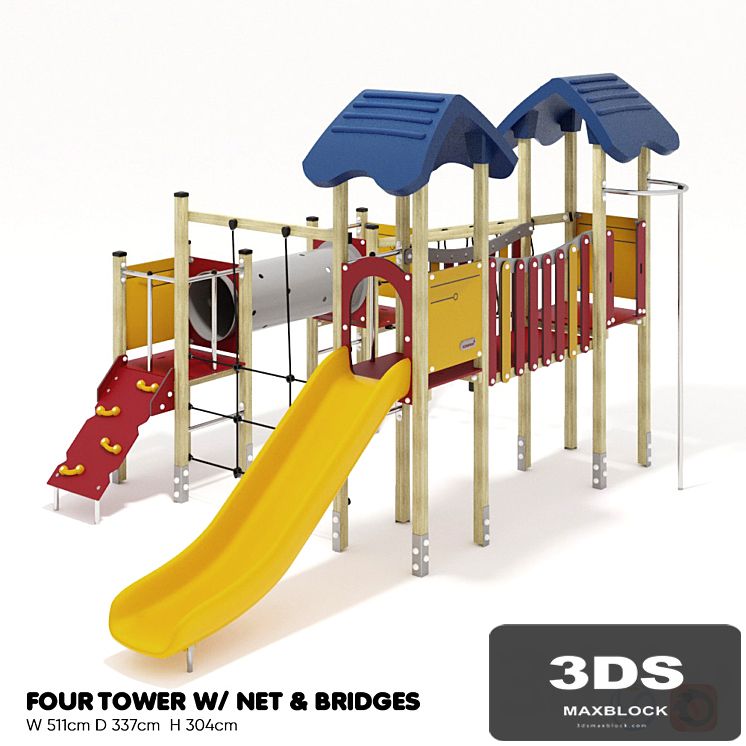 KOMPAN. FOUR TOWERS WITH NETWORK AND BRIDGES
