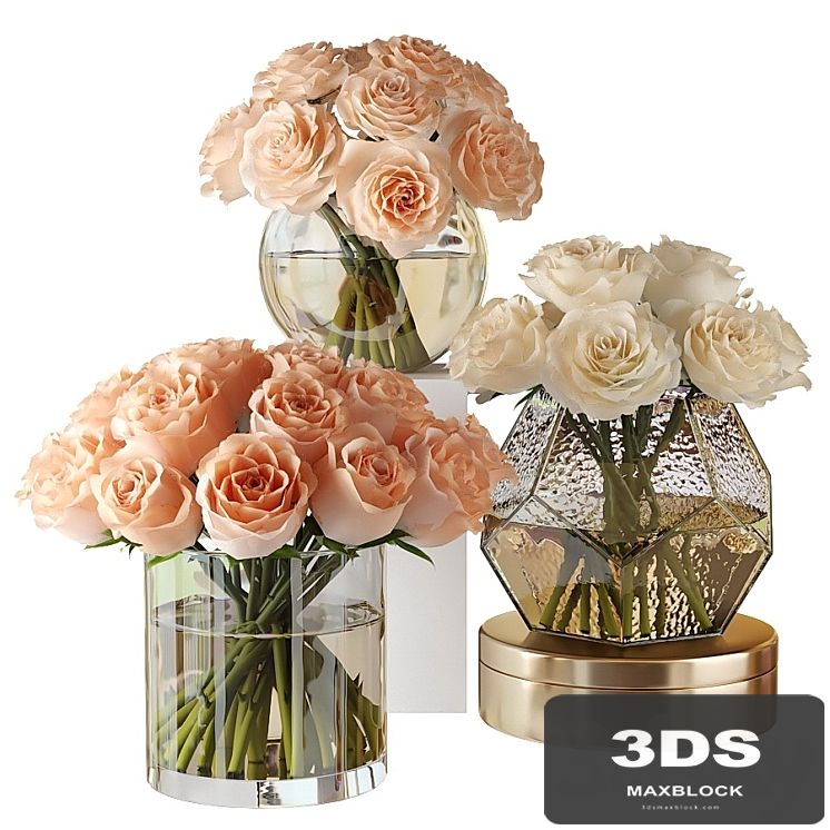 Pink and white roses in glass vases