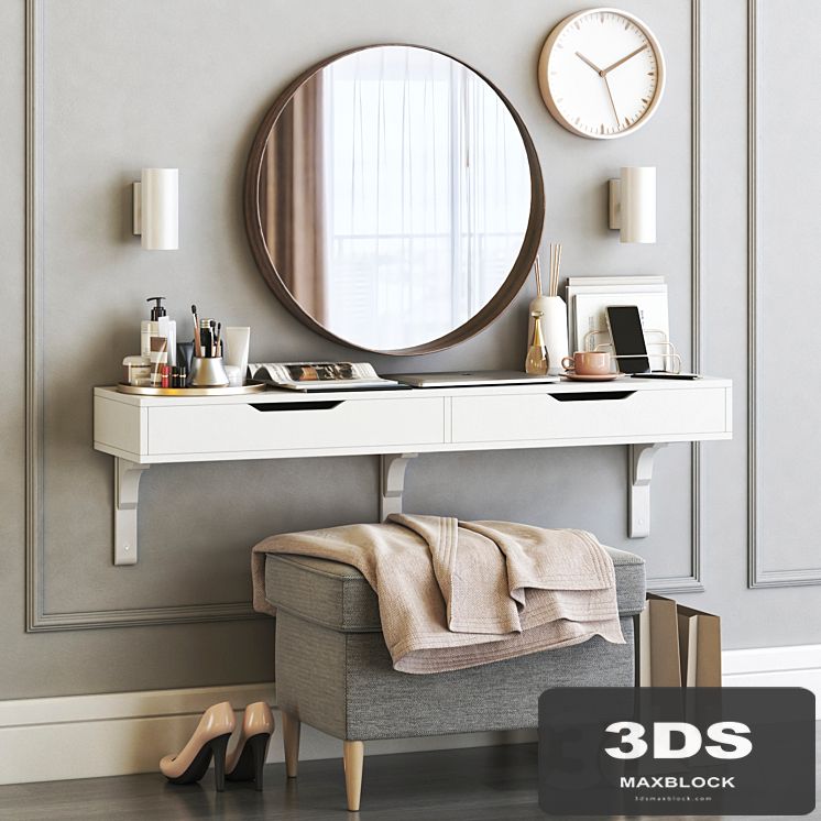 IKEA ALEX dressing table with STRANDMON ottoman and STOCKHOLM round mirror