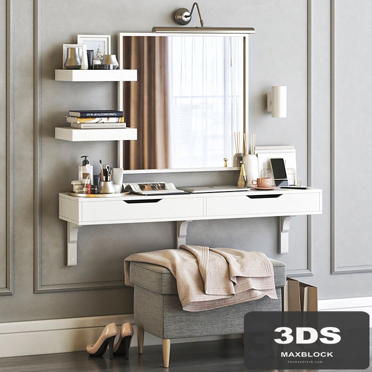 IKEA ALEX dressing table with STRANDMON ottoman and NISSEDAL mirror