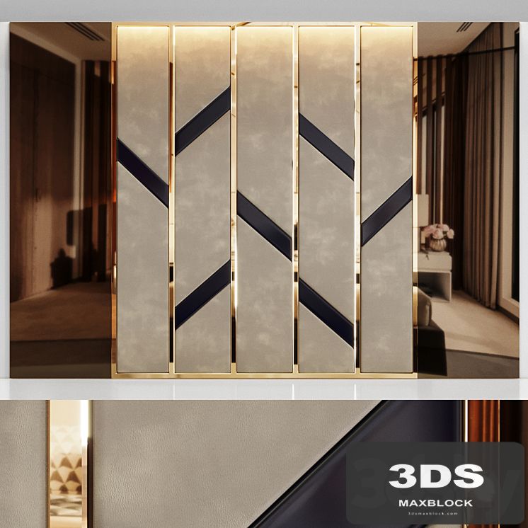 Headboard made of bronze mirror and soft beige panels