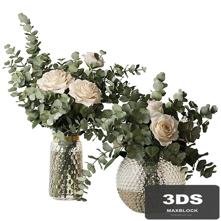 Two bouquets of roses and eucalyptus branches in glass mottled vases