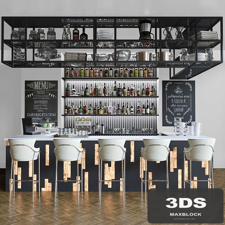 Design project of a restaurant with a bar counter and cocktails. Alcohol