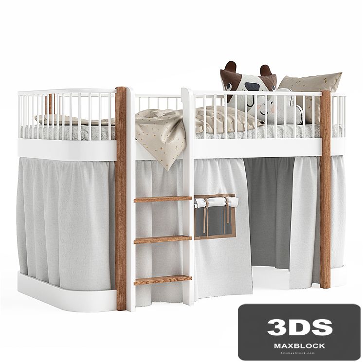 White and Oak Wood Low Loft Bed by Oliver