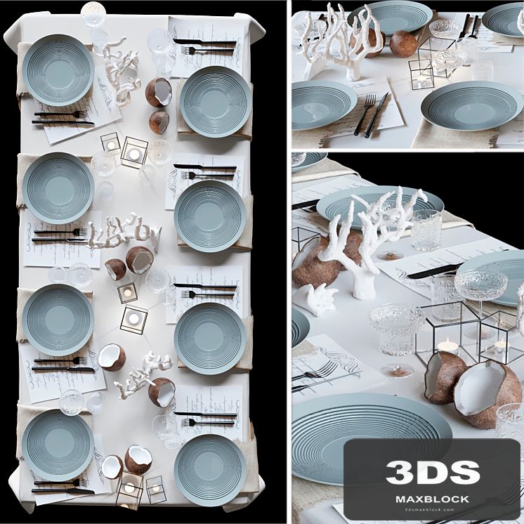 Table setting with collectible crockery, candles and marine-style corals
