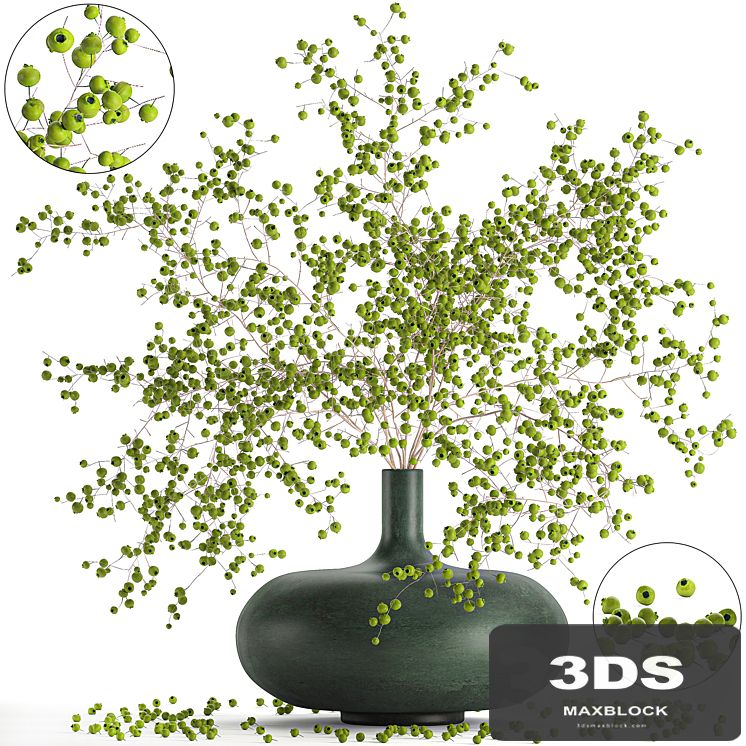 A beautiful lush little bouquet in a vase with green berries on the branches . Set 97.
