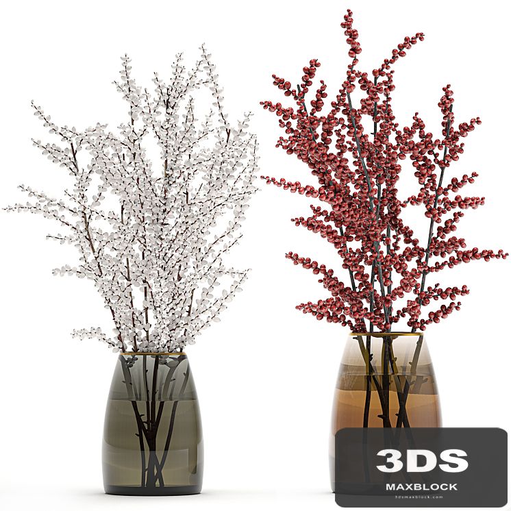 A collection of beautiful bouquets of branches with red and white berries in a vase of Ilex, Holly, dried flower, Snowberry. Set 98.