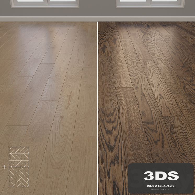 Parquet Oak 2 types layout herringbone, chevron and linear setduo20