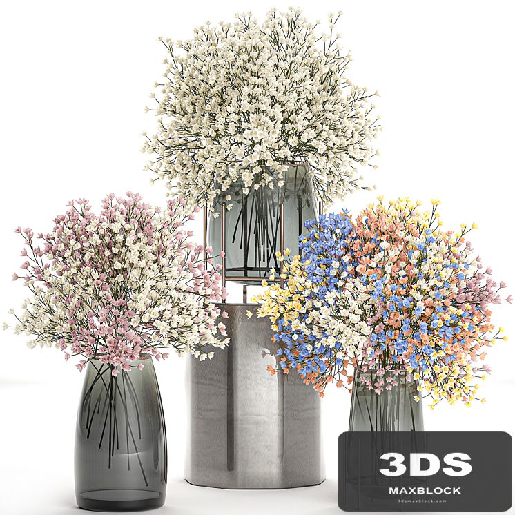 A collection of beautiful lush little white and pink bouquets in glass vases with Gypsophila, Gibsolyubka, Kachim. Set 107.