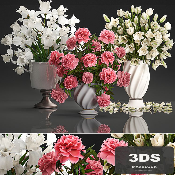 A collection of beautiful decorative bouquets in classic vases with pink peony, White tulips, Iris. Set 110.