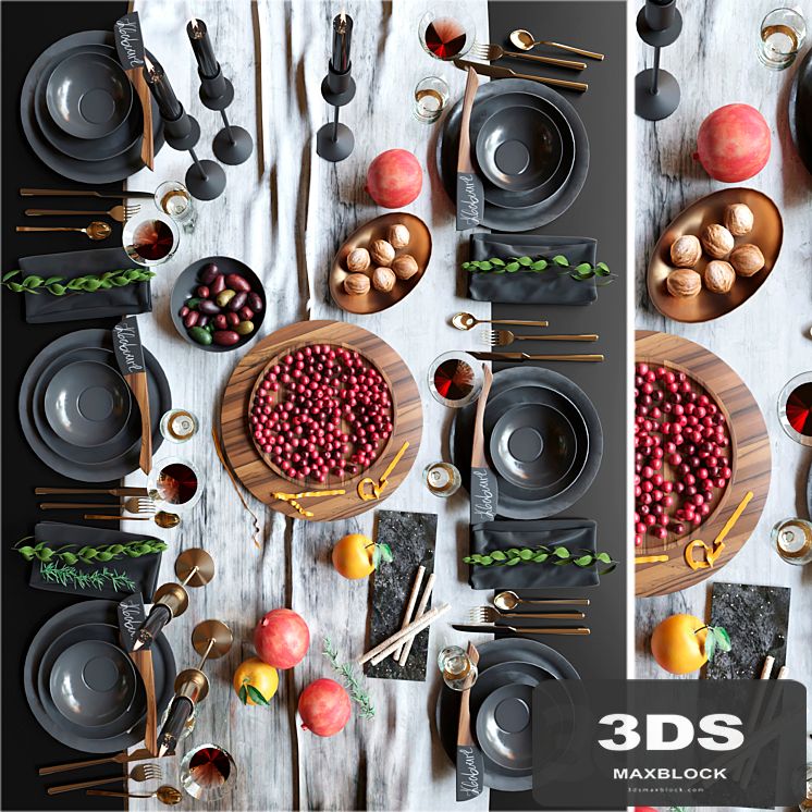 Beautiful table setting with black dishes with fruits, nuts and candlesticks. Service