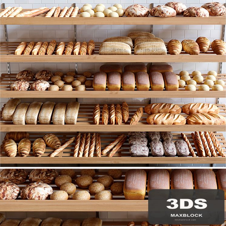 Rack with pastries in a bakery with bread, loaf and buns.