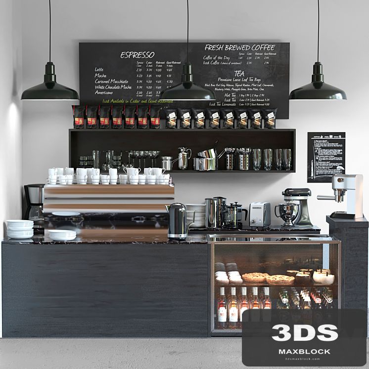 Cafe in minimalist style with a refrigerator with sweets and low-alcohol drinks