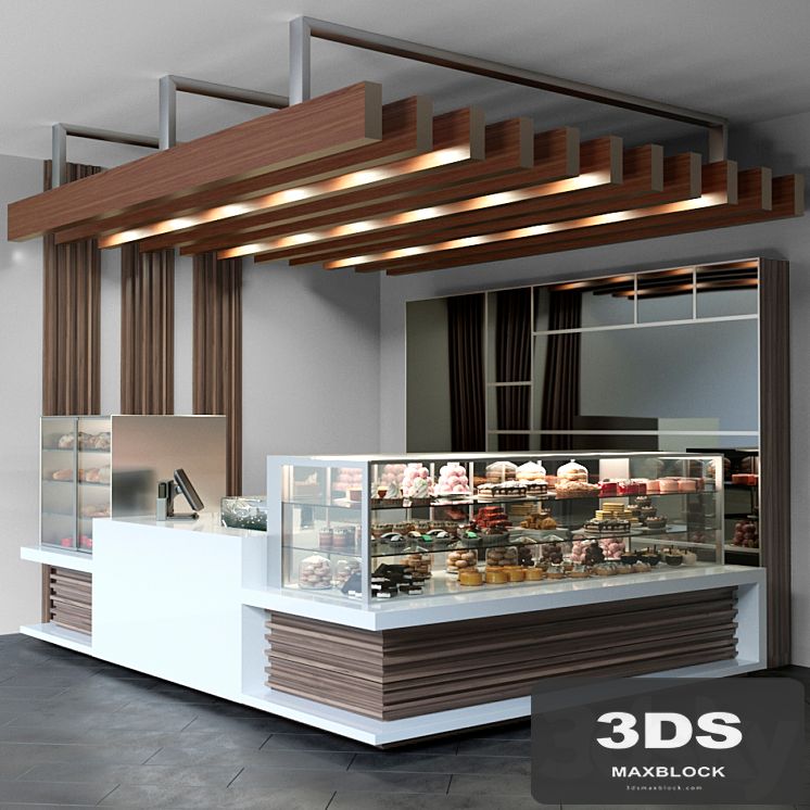 Design project of a coffee point with a confectionery showcase and desserts. Cafe