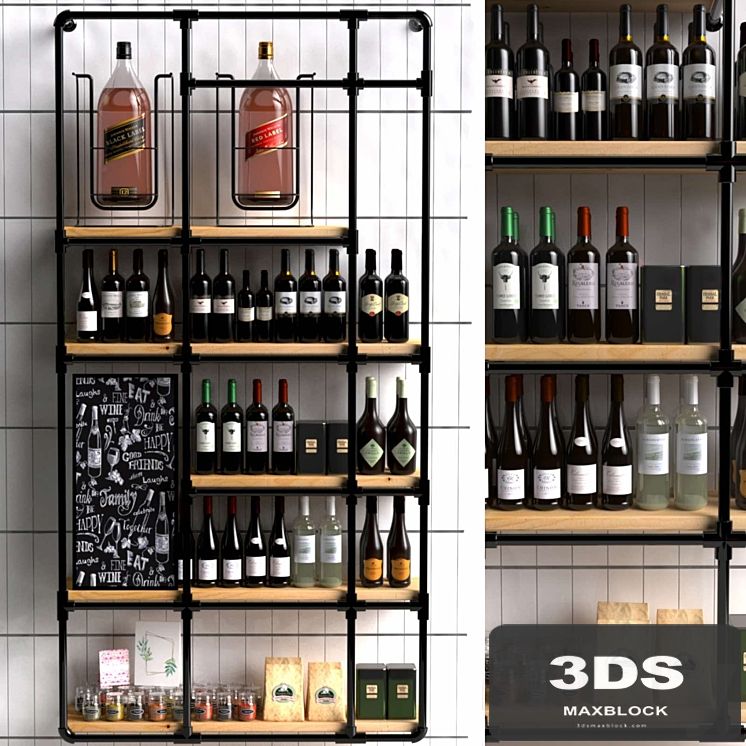 Wine shelf in a loft-style supermarket with a collection of red wine. Wine