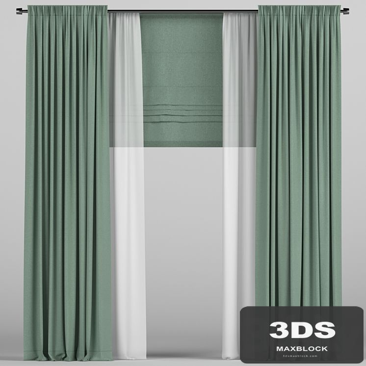 Green curtains with roman.
