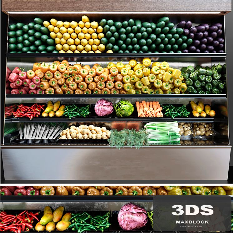 Showcase in a supermarket with fresh fruits and vegetables. Food