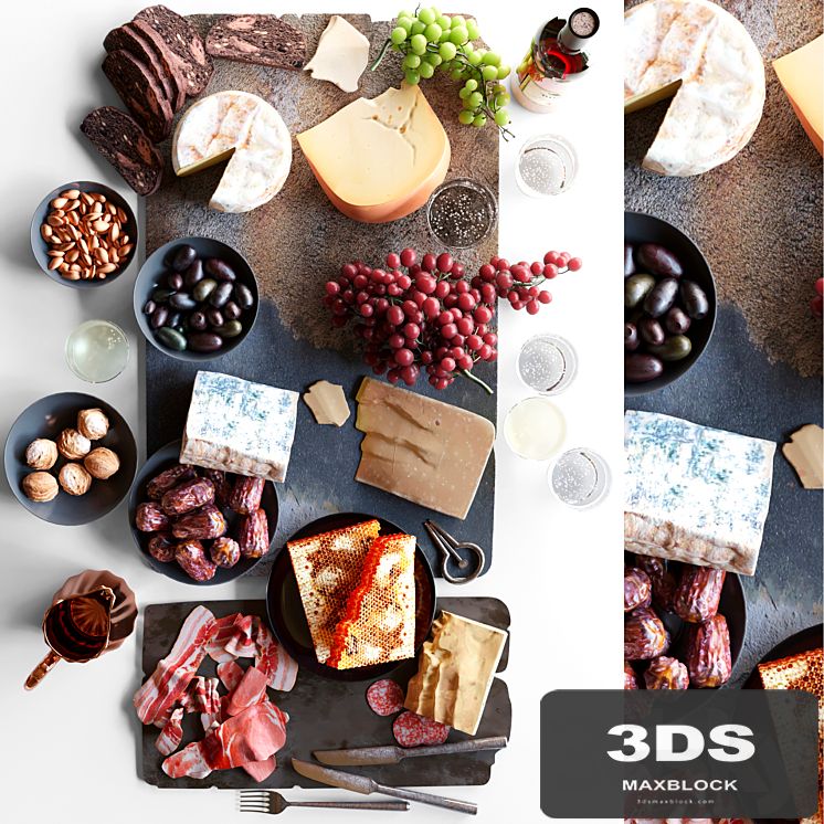 Plateau with fruit, cheese and meat. Food