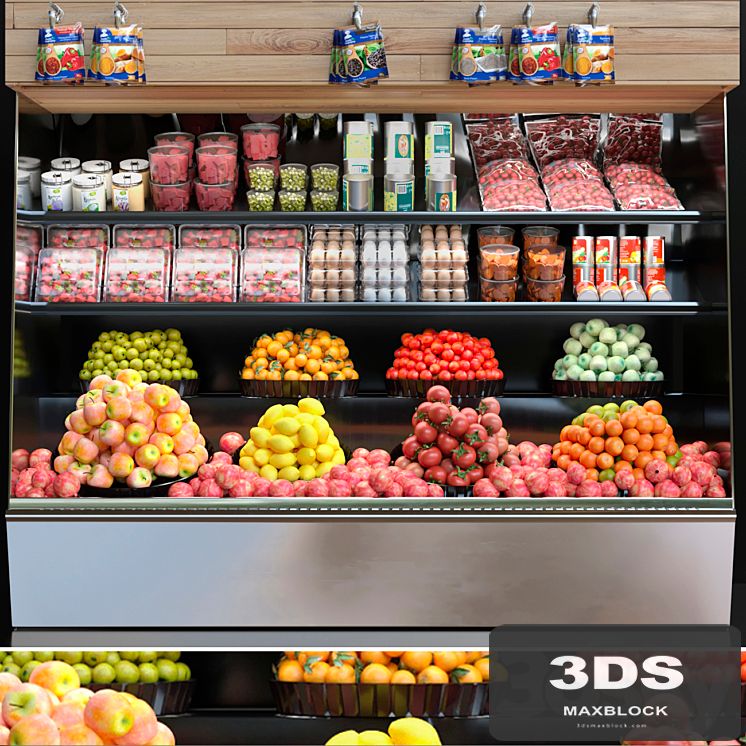 Showcase in a supermarket with fruits and vegetables. Fruits and vegetables