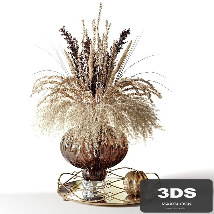 A bouquet of dried flowers in a pot-bellied brown vase on a tray