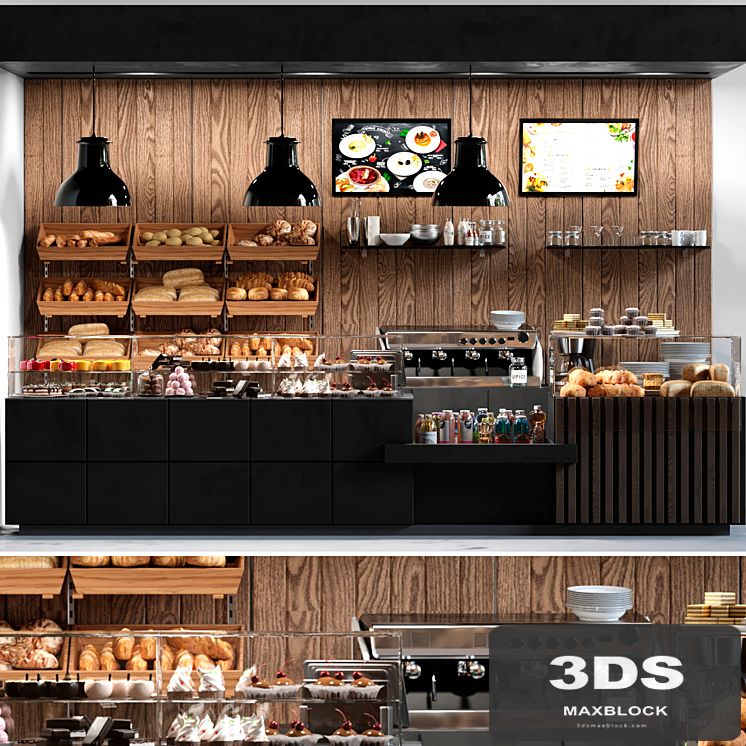 Cafe with pastries and desserts. Coffee house design project. Sweets