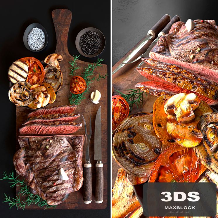 Baked meat with grilled vegetables with spices. meat plate